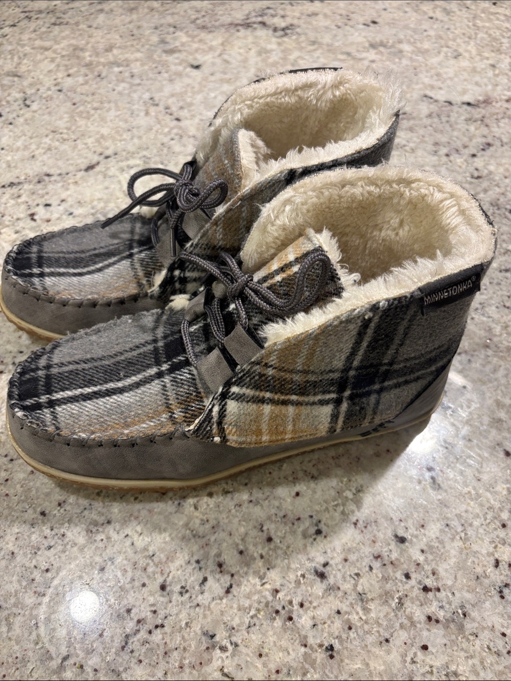 Minnetonka Plaid Faux-Fur Lined Ankle Moccasins in Gray and Tan